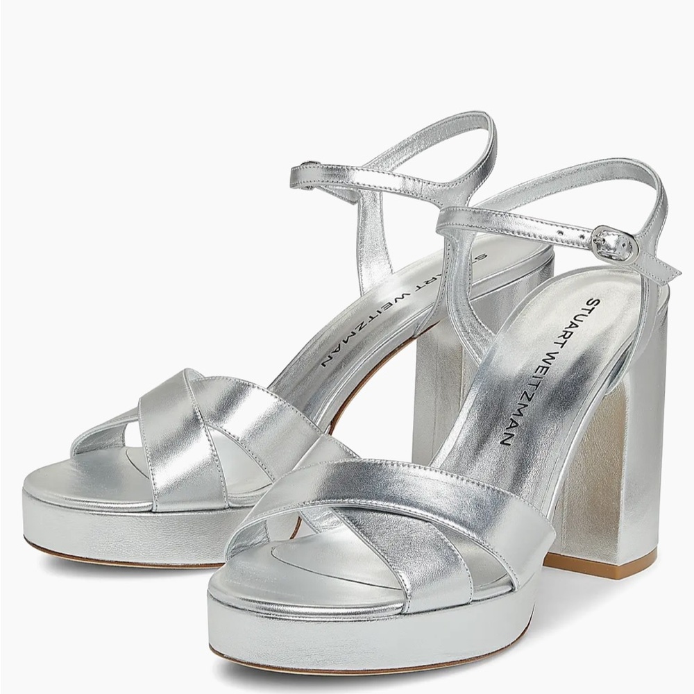 NEW STUART WEITZMAN DAYNA 100MM METALLIC LEATHER PLATFORM SANDALS IN SILVER 7.5